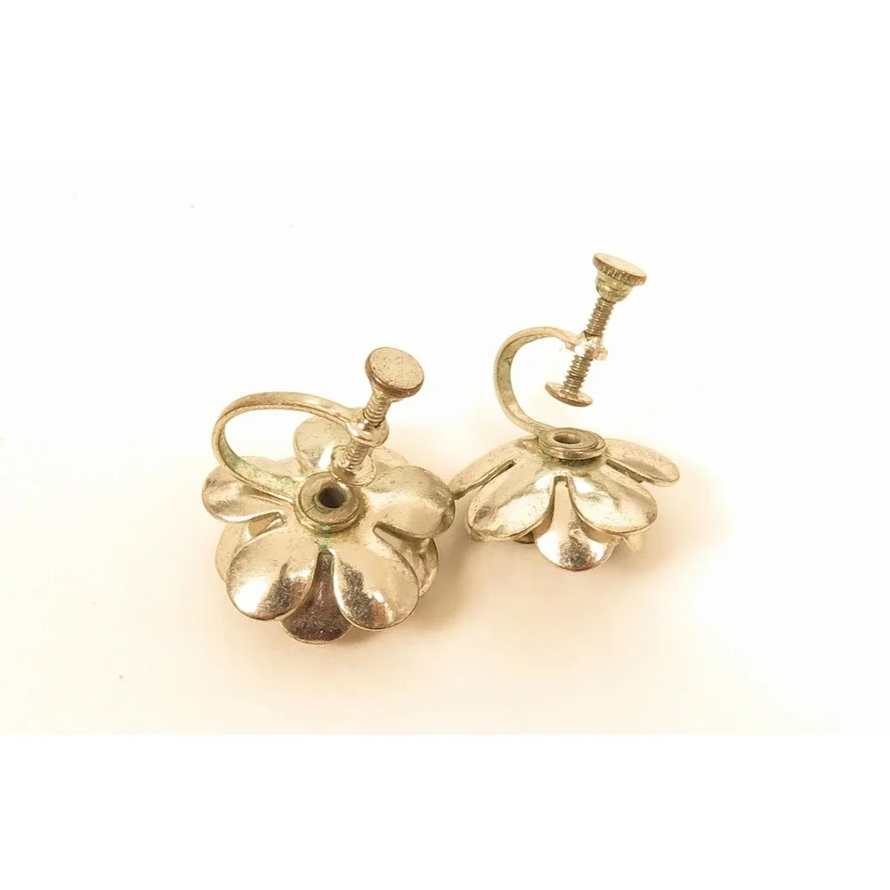 Vintage 1930's 3 Dimensional Pretty Silver Plated Flower‎ Sb Earrings